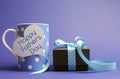 Happy Father's Day blue polka dot coffee mug & gift Royalty Free Stock Photo