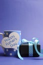 Happy Father's Day blue polka dot coffee mug & gift - vertical with copyspace