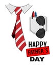 Happy Father`s Day card. Shirt and tie and pocket with sunglasses and pens.