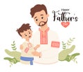 Happy Father's Day card. Ukrainian bearded man dad with son in traditional embroidered clothes, vyshyvanka on white