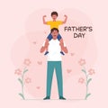 Happy Father`s Day celebration. A little boy sitting on his daddy`s shoulder. Royalty Free Stock Photo