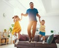 . Happy father`s day! Children congratulates dad a jump and dance Royalty Free Stock Photo