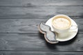 Happy Father`s Day concept. Tasty cookies and cup of coffee on wooden background