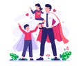 Happy Father\'s Day. Dad and his son wearing a superhero cape and the father holding his daughter on his lap illustration Royalty Free Stock Photo