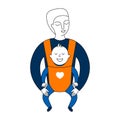 Dad holds son in carrying baby. Doodle vector illustration on a white background.