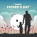 Happy fathers day, dad and son beautiful silhouette sunset scene poster, vector illustration Royalty Free Stock Photo