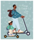 Happy father`s day! Funny african american father and son on electric scooters. Nice vector flat card for father`s day in cartoo