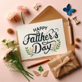 Happy Father\'s Day Greeting Card with flowers Flat Lay Top View Concept Royalty Free Stock Photo