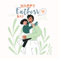 Happy Father's Day greeting card template with cute characters of daddy with child. Dad holding his daughter. Cute