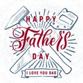 Happy Father`s Day! Greeting retro card. A hammer and saw, the dad`s tools.