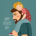 Happy father s day.Hand-drawn drawing of dad and the child sitting on his shoulders on a white background. Cute vector