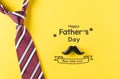 Happy Father`s Day inscription with plaid tie and mustache on pastel yellow background with text Royalty Free Stock Photo