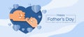 Happy father`s day father and kid hand to pinky swear in blue heart and heart paper around vector design