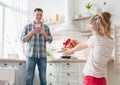 Happy father`s day. Little daughter congratulating dad Royalty Free Stock Photo