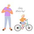 Happy father`s day! Modern father and daughter. A happy father who taught his daughter how to ride a bike. Nice vector flat