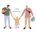 Happy father`s day! Modern homosexual couple are walking with their adopted daughter. A non-standard family with two fathers. Nic