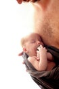 Happy father`s day! A newborn baby in dadÃ¢â¬â¢s arms is sleeping, a pacifier for babies. Happy fatherhood concept Royalty Free Stock Photo