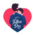 Happy father`s day poster background template design. Dad holding his child vector flat illustration with love heart frame and Royalty Free Stock Photo