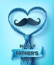 Happy Father`s Day poster or banner template with heart shape by necktie on blue background.Greetings and presents for Father`s