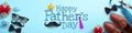 Happy Father`s Day poster or banner template with necktie,glasses and gift box