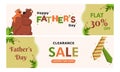 Happy Father`s Day, Sale Banner Design with 30% Off Offers clearance sale and happy illustration of a bear young Father and his