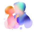 Happy father`s day. Side view of Happy family son hugging dad silhouette plus abstract watercolor painting. Double exposure