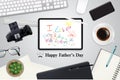 Happy father`s day, Tablet shown children drawing picture message about how deep their love them father, digital lifestyle on new