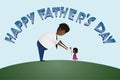 Happy Father`s day text and little african american daughter giving flower to dad, congratulating with happy fathers day. Modern Royalty Free Stock Photo