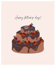 Happy father`s day! Trendy minimalistic greeting card for dad with chocolate cake with berries. Vector flat card for father`s da Royalty Free Stock Photo