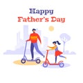 Happy father`s day. Vector banner, greeting card, illustration. Two characters father and daughter ride in the Park on scooters. Royalty Free Stock Photo