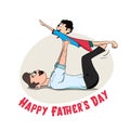 Happy Father\'s Day Vector Graphic. Father playing with son dressed as superhero. Happy Father with Cute Kids. Royalty Free Stock Photo