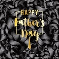 Happy Father`s Day vector greeting card. Gold message on black abstract backdrop. Vinil or oil waves, Striped background