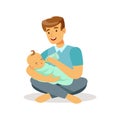 Happy father sitting on the floor with his baby and feeding it with milk bottle colorful vector Illustration Royalty Free Stock Photo