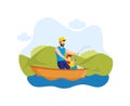 Happy father and son fishing in boat spending time together. Smiling family dad boy enjoying summer outdoor activity. Male parent Royalty Free Stock Photo