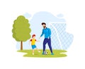 Happy father and son have fun in park, playing football on soccer field spending time together. Smiling family dad boy enjoying Royalty Free Stock Photo