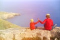 Happy father and son hiking in mountains Royalty Free Stock Photo