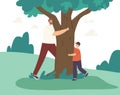 Happy Father and Son Hugging, Love Tree, Playing Hide and Seek and Run around. Family Characters Outdoor Recreation Royalty Free Stock Photo