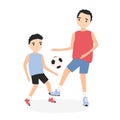 Happy father and son playing football. Dad and kid practicing soccer. Parent and child during sports game training