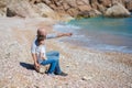 Happy father and son playing together at beach Royalty Free Stock Photo