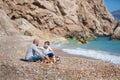 Happy father and son playing together at beach Royalty Free Stock Photo