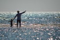 Happy father and son on seashore beach having fun