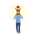 Happy father and son walking together, boy is sitting on dads back shoulders Royalty Free Stock Photo