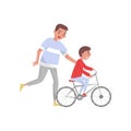 Happy father teaching his son riding bicycle. Outdoor activity. The first bike. Fatherhood theme. Flat vector design