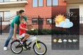 Father teaching his son to ride bicycle and weather forecast widget. Mobile application