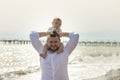 Happy father on vacation - smiling man holding his little baby son on his shoulders