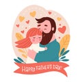 Happy father's day card template. Cute little girl hugs her bearded father. Vector flat illustration with lettering