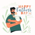 Happy Father's Day greeting card template with cute characters of daddy with child. Dad holding his son or daughter