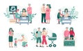 Happy fatherhood and motherhood set of characters flat vector illustration.