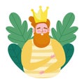 Happy fathers day, bearded dad with crown leaves foliage cartoon