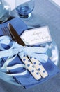 Happy Fathers Day blue theme table setting close up